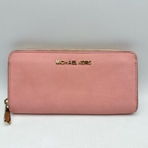 Michael Kors Jet Set Large Zip Around Wallet Sunset Rose Pink Saffiano Leather
